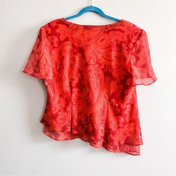 Coldwater Creek Red Orange Paisley Asymmetrical Tiered V-Neck Blouse 18W - Picture 2 of 6